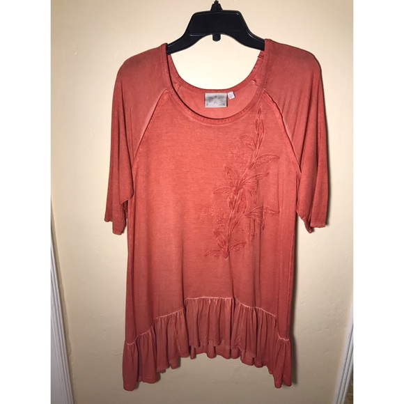 Embroidered 3/4 Raglan Sleeve Ruffle Hem Top - Picture 3 of 8